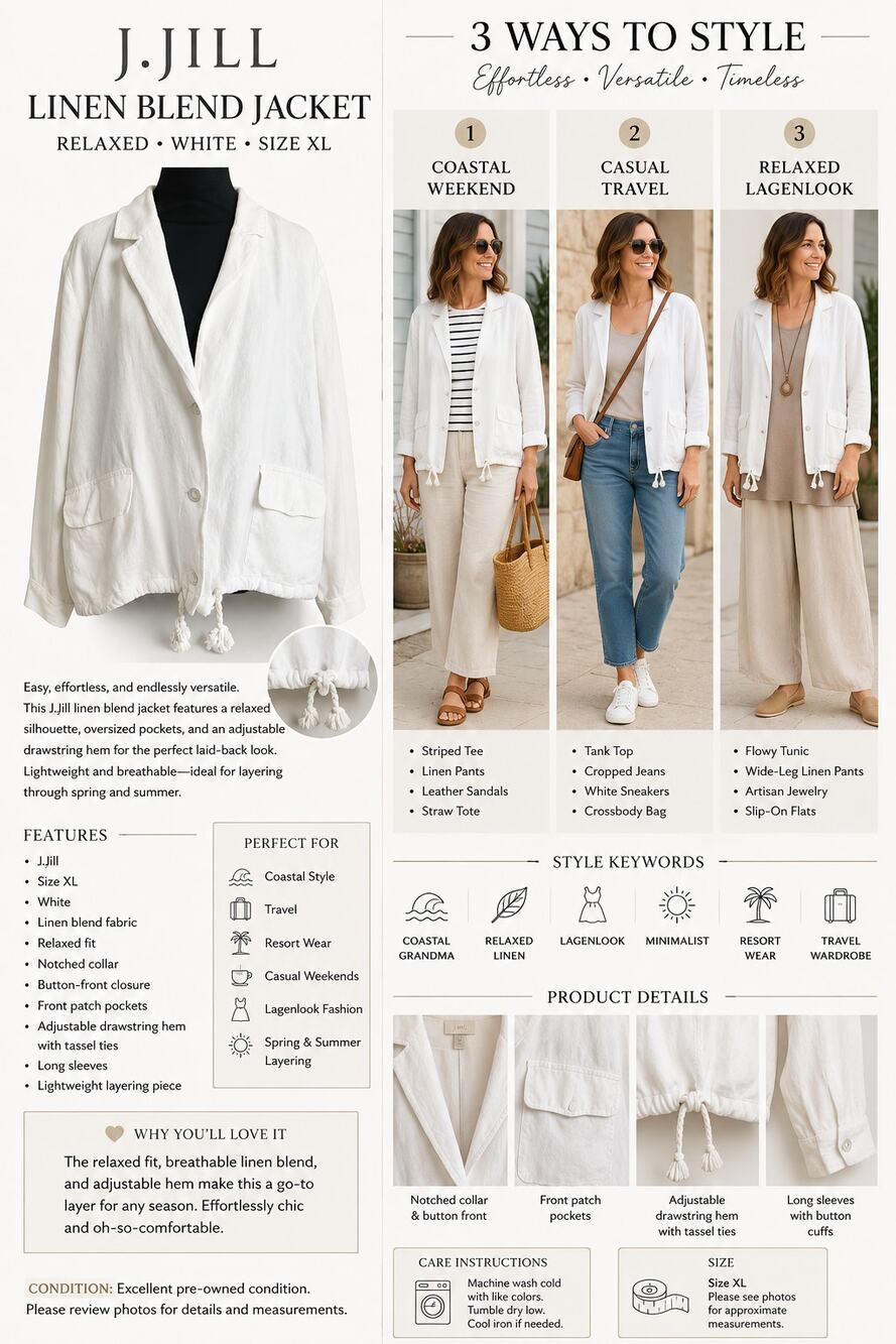J Jill Jacket Linen Blend Relaxed White SZXL Relaxed Drawstring Hem Lightweight